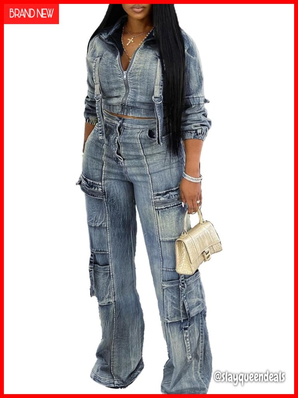 Two Piece Denim Outfits with Long Sleeve Cropped Jean Jacket Cargo Pants Y2K